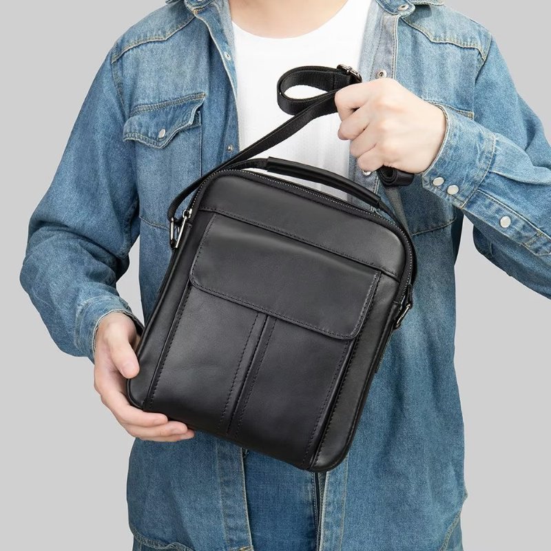 Schoudertassen Heren Luxe Leren Gewatteerde Crossbodytas Met Klep - Zwart