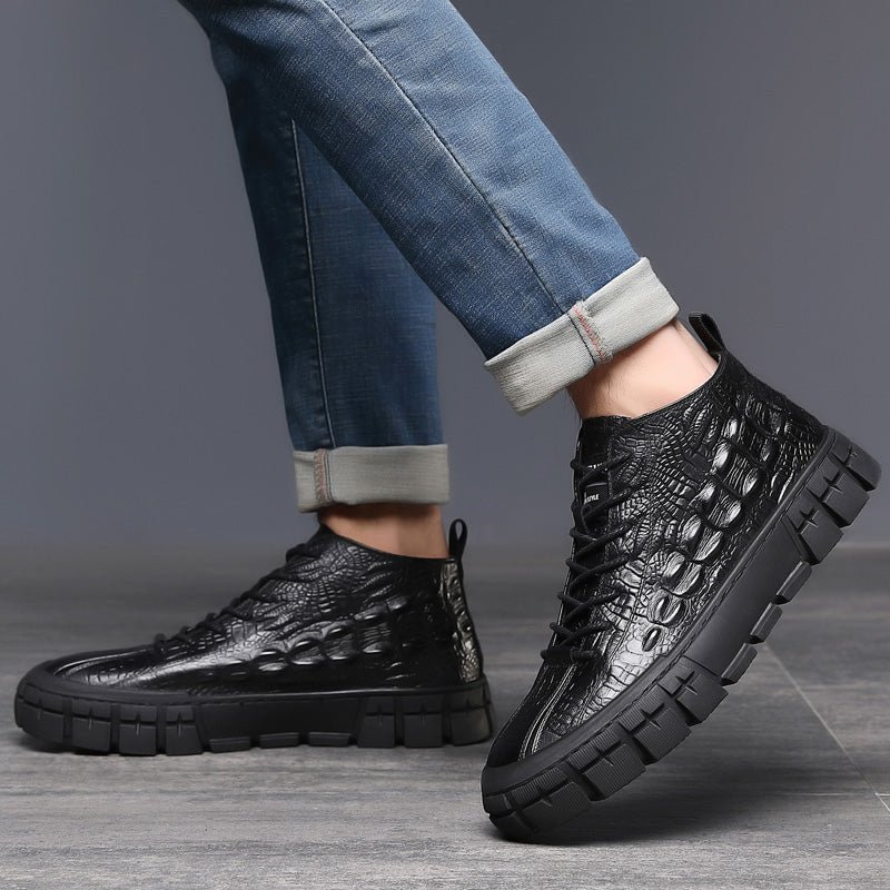 Sneakers Heren Leren Platform Casual Schoenen Met Veters - Zwart