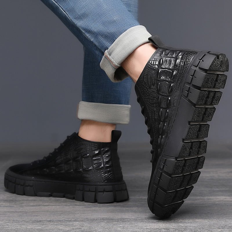 Sneakers Heren Leren Platform Casual Schoenen Met Veters - Zwart