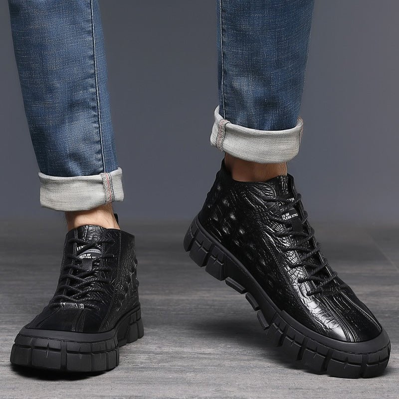 Sneakers Heren Leren Platform Casual Schoenen Met Veters - Zwart