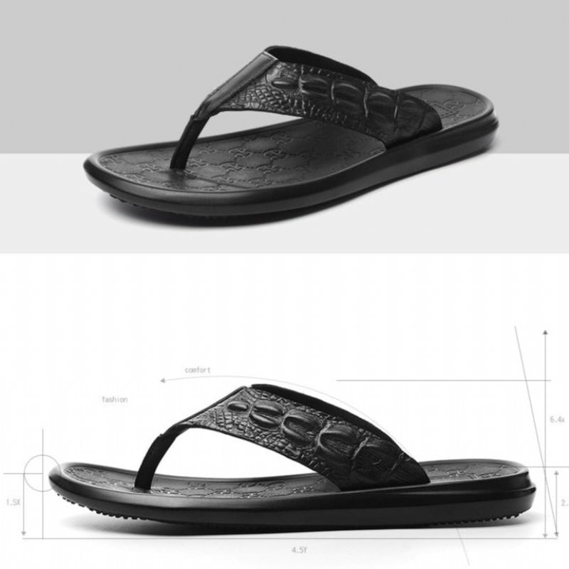 Vrijetijdsschoenen Heren Echt Leer Flip-flop Sandalen Met Krokodillentextuur - Zwart