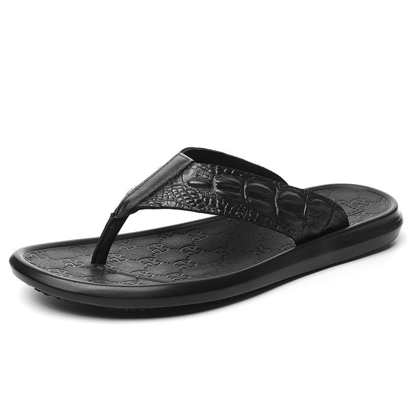 Vrijetijdsschoenen Heren Echt Leer Flip-flop Sandalen Met Krokodillentextuur - Zwart