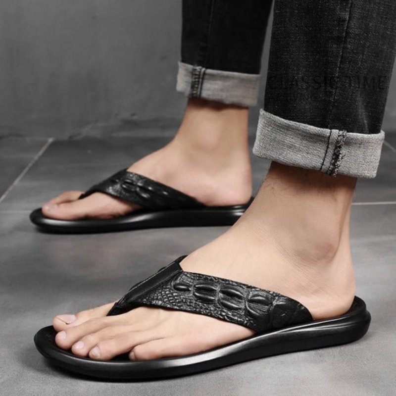 Vrijetijdsschoenen Heren Echt Leer Flip-flop Sandalen Met Krokodillentextuur - Zwart