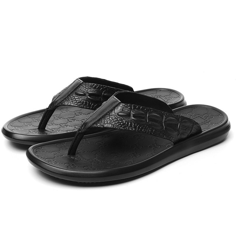 Vrijetijdsschoenen Heren Echt Leer Flip-flop Sandalen Met Krokodillentextuur - Zwart