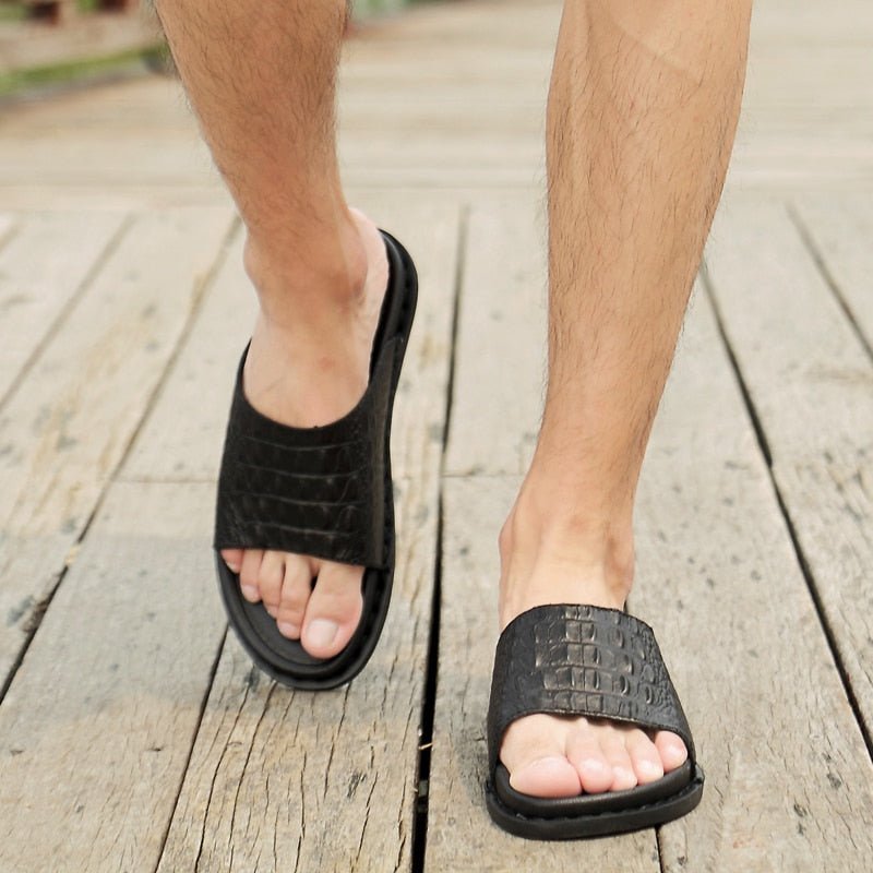 Vrijetijdsschoenen Heren Echt Leer Strandsandalen Met Krokodillenreliëf - Zwart