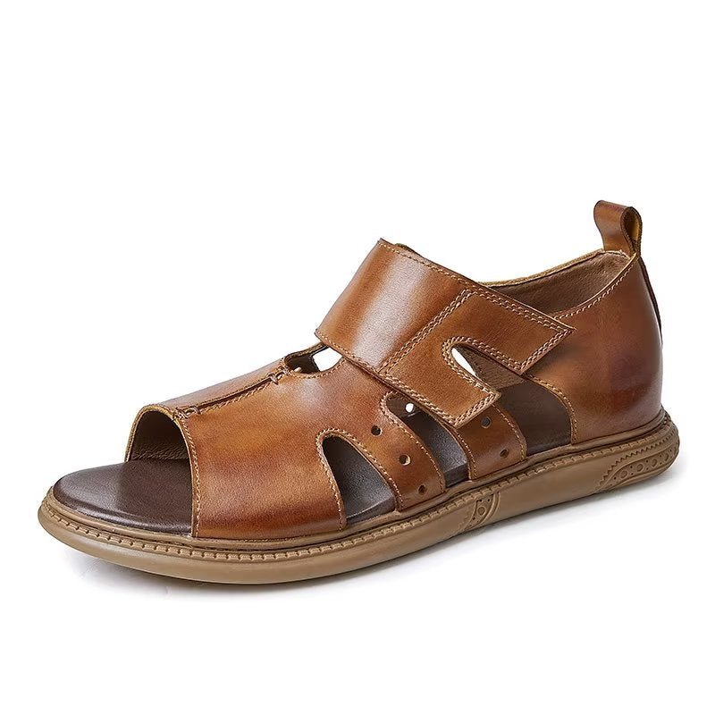 Vrijetijdsschoenen Heren Elegante Klittenbandsandalen Met Peeptoe - Koffie